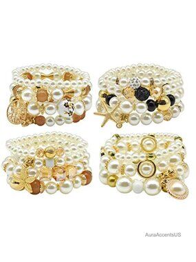 Stackable Pearl Charm Bracelet Set - 4 Pack Stretch Boho Bead Bangles
